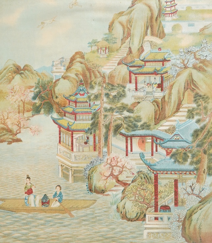 20th century, Chinese School, Riverscape with figures and pagodas, decorative colour print, 25 x 22cm